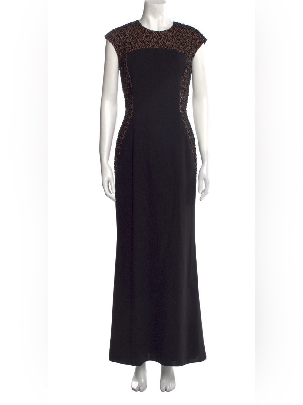Carmen Marc Valvo Black and Gold Cap Sleeve Column Gown